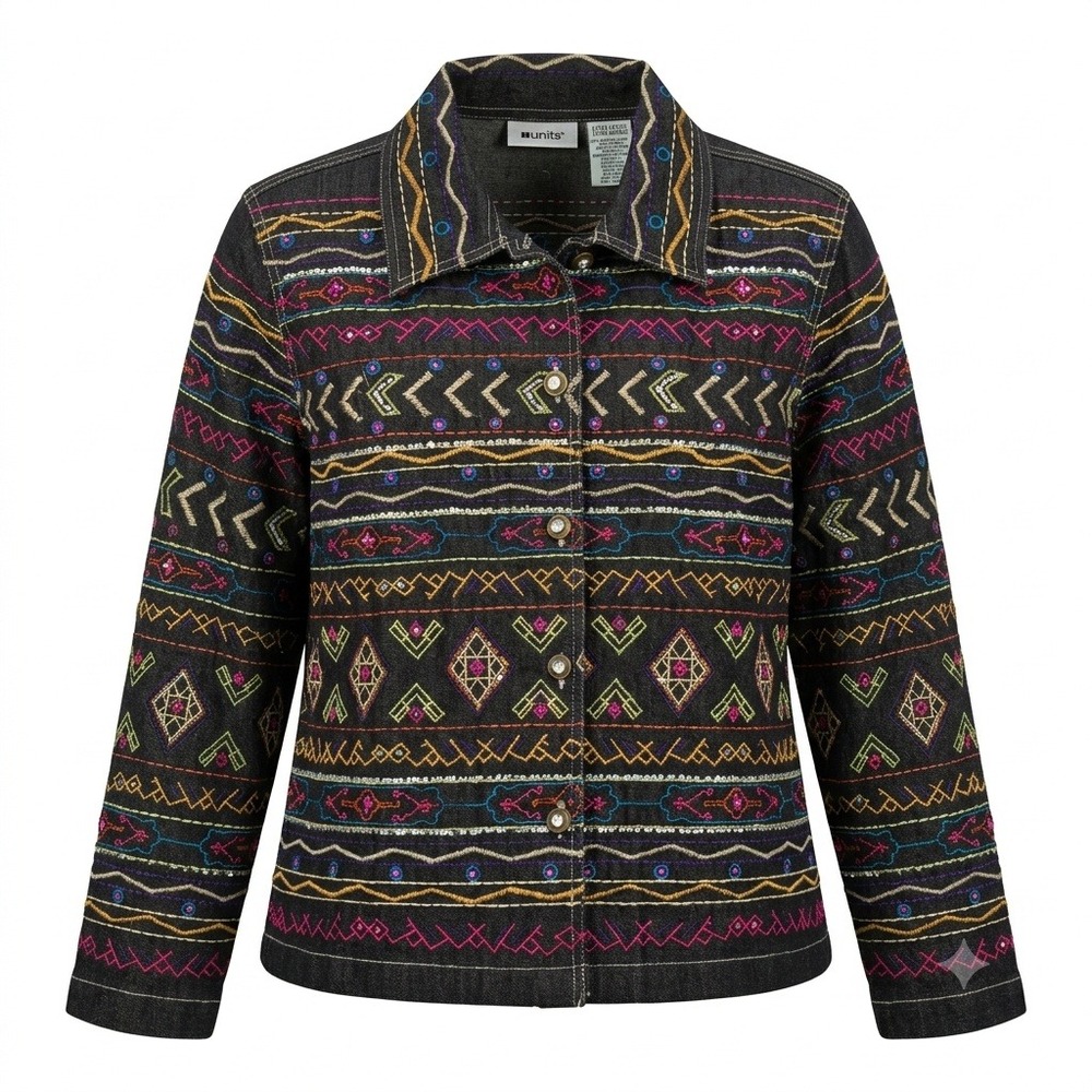 VTG 90s Units Southwestern Embroidered Denim Jacket Womens XL Sequin Aztec Boho